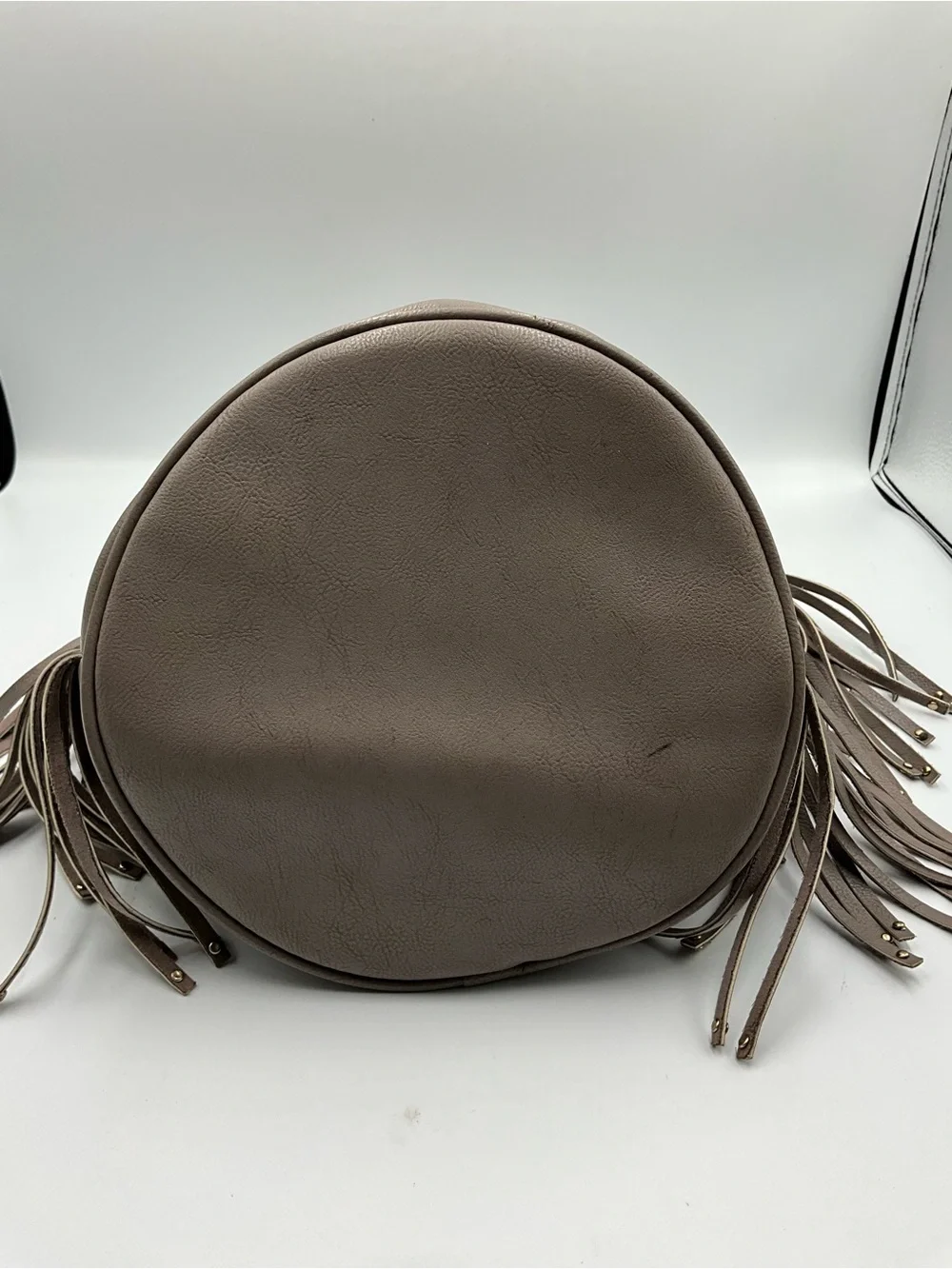 BCBG Paris Bucket Bag Taupe Fringe Drawstring Hobo Bag